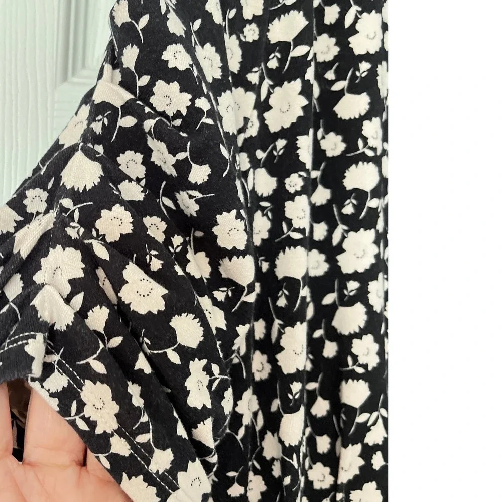 Free People Black‎ White Floral Puff Sleeve Open Back Midi Dress Size S